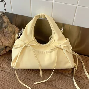 Women Bow Pleated Handbag PU Leather Cloud Shoulder Crossbody Bag Sweet Korean Style Daily Travel Tote Purse