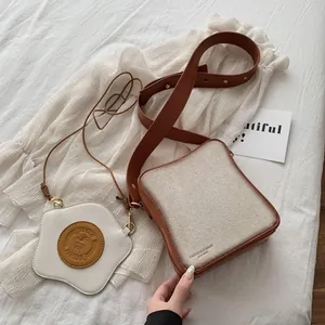 Creative toast shaped crossbody bag set with fried egg charm in brown and white leather