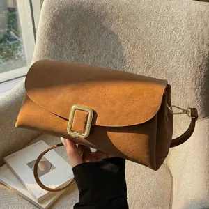 Women Vintage Matte PU Leather Crossbody Bag Minimalist Shoulder Bag With Gold Buckle Retro Satchel Commute Handbag