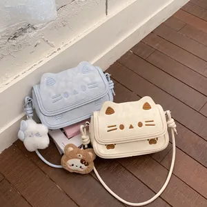 Women's Cute Cat Ear Crossbody Bag Cartoon Embroidery PU Leather Small Square Bag With Plush Pendant Preppy Shoulder Bag