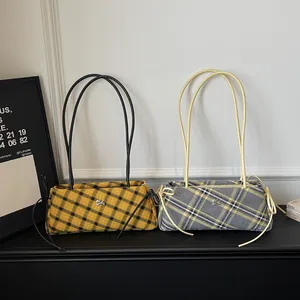 Large capacity vintage plaid underarm bags with silver horse logo and bow details