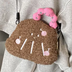 Cute cartoon plush crossbody bag with cherry embroidery and pink bubble handle