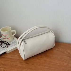 Vintage Lychee Texture PU Leather Cylinder Handbag Versatile Women Crossbody Bag With Adjustable Shoulder Strap Daily Tote