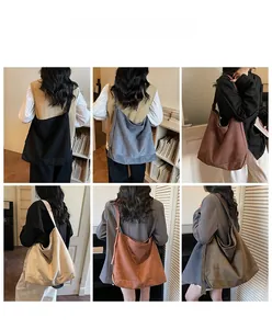 Collage of model wearing large suede tote bags in six different stylish colors