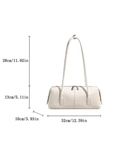 Detailed dimensions of minimalist white leather baguette bag with dual shoulder straps