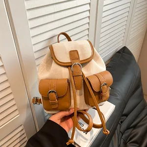 Mochila Mini de Moda para Mujer de Cuero PU y Lona Patchwork Bolso Escolar Estilo Coreano Vintage con Múltiples Bolsillos Casual