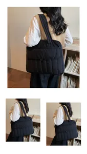 Detail der schwarzen gesteppten Shopper-Tasche mit vertikalen Nähten und breitem Gurt