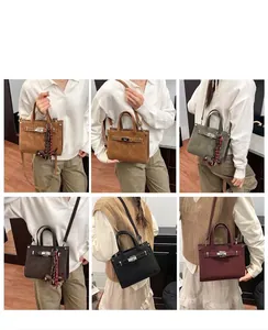 Model display of minimalist crossbody bags in six colors with stylish metal buckle detail