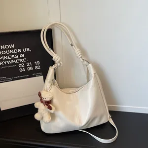 Women Large Capacity Hobo Shoulder Bag With Teddy Bear Pendant PU Leather Commuting Tote Bag Knot Strap Daily Handbag