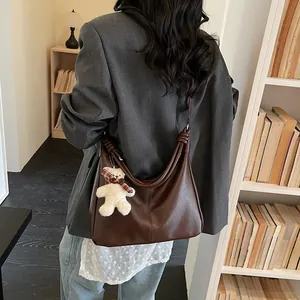 Brown faux leather tote bag for women with cute white teddy bear plush charm