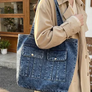 Vintage Denim Tote Bag For Women Large Capacity Casual Shoulder Handbag Workwear Style Contrast Stitching Denim Fabric Daily Bag