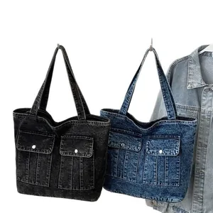 Retro denim tote bag in black and blue styles with large capacity and cargo pockets