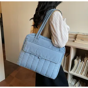 Detailansicht der blau gesteppten Tragetasche mit Längsnähten und großer Klapptasche