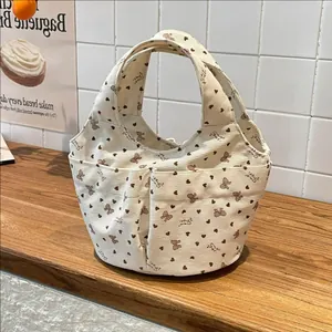 Borsa da Donna in Tela e Velluto a Coste con Stampa Stella Cuore Orso Dolce Borsa a Secchiello Multi Tasca Borsa per Spesa Quotidiana