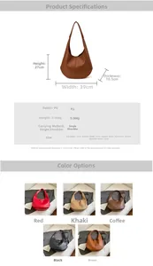 Detailed size specifications and multi-color options for the large PU leather hobo tote bag