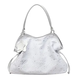 Sac fourre-tout blanc à motif d'étoiles avec poignées argentées et broderie Gugugugu
