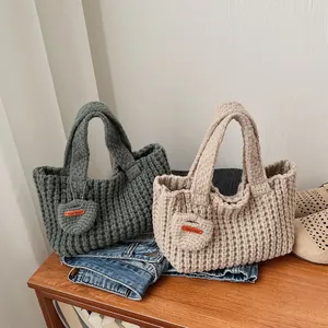 Bolso Tote de Punto Hecho a Mano Vintage para Mujer Bolso de Cubo Textura de Gofre Con Colgante de Corazón Bolso Casual