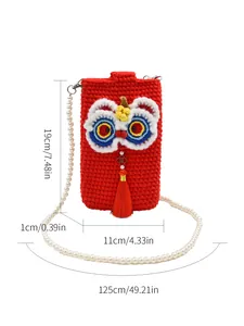Detailed view of red knitted lion dance phone bag with size dimensions and pearl strap