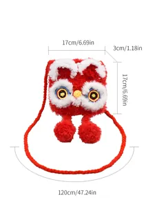 Detailed size chart of red knitted lion dance crossbody bag with dimensions 17x17x3cm