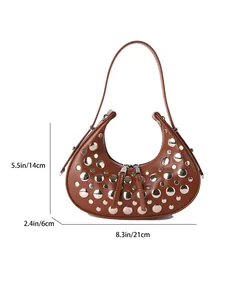 Detailed size chart for brown faux leather crescent bag with silver rivet studs