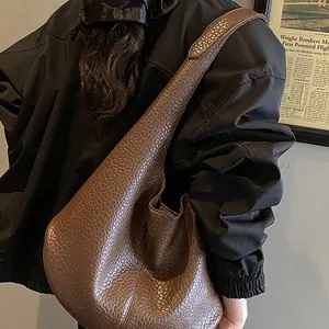 Large dark brown leather tote bag with litchi texture for casual commute style