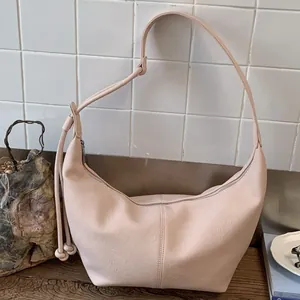 Women Vintage PU Leather Hobo Bag Minimalist Litchi Texture Half Moon Shoulder Bag With Knot Strap Casual Crossbody Bag