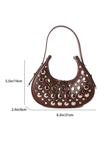 Detailed dimensions of brown rivet crescent shoulder bag showing 21cm width and 14cm height