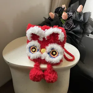 Cute red knitted lion dance shoulder bag with high-density plush and pearl buckle