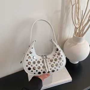 Trendy Women Fashion Rivet Shoulder Bag PU Leather Crescent Hobo Underarm Bag Punk Style Y2K Versatile Studded Handbag Gift
