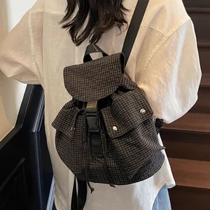 Lightweight check pattern backpack for women with drawstring and flap closure for daily travel