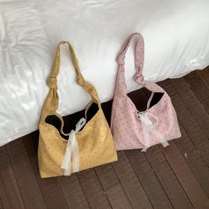 Women Large Capacity Canvas Polka Dot Tote Bag With White Lace Bow Knot Shoulder Strap Casual Daily Commuter Shoulder Bag