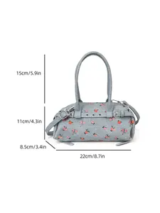 Detailed dimension chart for blue floral denim bag showing 22cm length and 15cm handle drop
