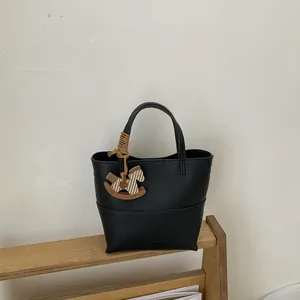 Women Vintage PU Leather Bucket Bag With Rocking Horse Charm Lychee Pattern Shoulder Crossbody Bag Handbag For Daily Commute