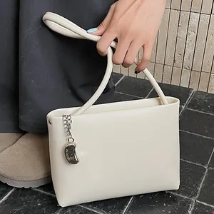 Women Fashion Soft PU Leather Bucket Bag Korean Minimalist Solid Color Shoulder Crossbody Bag With Metal Charm For Commute