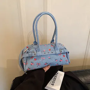Vintage Floral Denim Boston Bag For Women Red Rose Print Shoulder Bag With Metal Buckle Belt Large Capacity Top Handle Purse