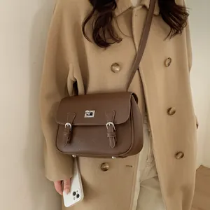 Women Lychee Pattern PU Leather Crossbody Bag Retro Flap Shoulder Bag With Silver Metal Lock Adjustable Single Strap