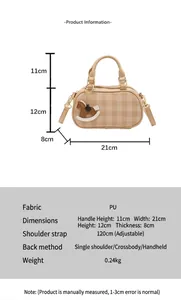 Detailed size specifications for the beige checkered pillow bag with adjustable strap