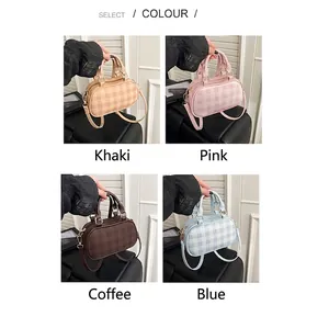 Four color variants of checkered Boston bags including khaki pink brown and blue
