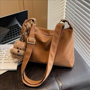Vintage Frosted PU Leather Hobo Bag For Women Large Capacity Shoulder Bag With Plush Pendant Versatile Crossbody Bag Daily Bag