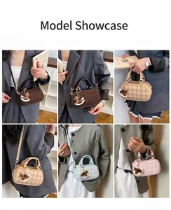 Collage of checkered top-handle satchel bags in multiple colors with horse charms
