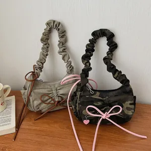 Vintage Camouflage Pleated Bow Underarm Bag For Women Canvas Multi Pocket Heart Pendant Shoulder Bag Baguette Crossbody Bag