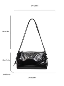 Size chart showing 27cm large capacity pillow bag dimensions in glossy black leather