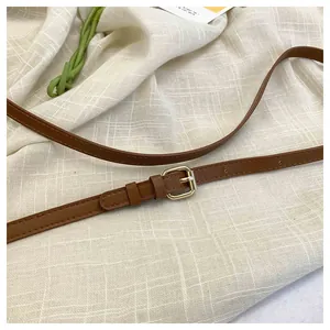 Detail van een bruine leren riem met gouden metalen gesp en fijne stiksels op de band