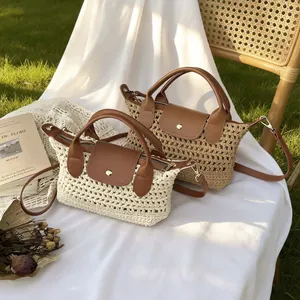 Dames Handgevlochten Strovlechttas Gehaakte Opengewerkte Schoudertas PU Lederen Flap Handvat Zomervakantie Casual Draagtas