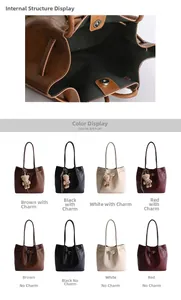 Detail view of large tote bag interior and color swatches in black, brown, cream and red