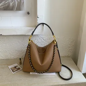 Women Large Capacity Hobo Bag Lychee Texture PU Leather Tote With Metal Chain Retro Casual Shoulder Bag Commuter Handbag