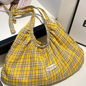 Sac Cabas en Tissu Écossais à Grande Capacité pour Femmes Style Coréen Sac à Épaule Plissé Sac à Main Décontracté Léger