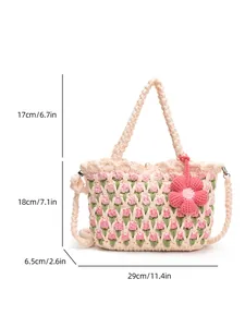 Detailed dimension guide for the woven tulip crochet bucket bag showing size measurements