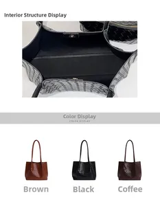Détail de l'intérieur du sac cabas tressé et trois options de couleurs classiques