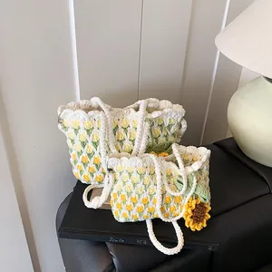 Hand Knitted Crochet Bucket Bag For Women Floral Tulip Sunflower Pattern Sweet Pastoral Style Large Small Shoulder Crossbody Bag With Pearl Button